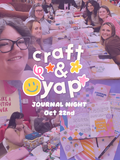 Text and graphics that read "Craft & Yap Journal Night Oct 22nd" over a purple collage of photos from previous events