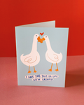 light blue greeting card with two white geese nuzzling each other's beaks with a heart above them. The hand written text says "I love this lil life we've created"