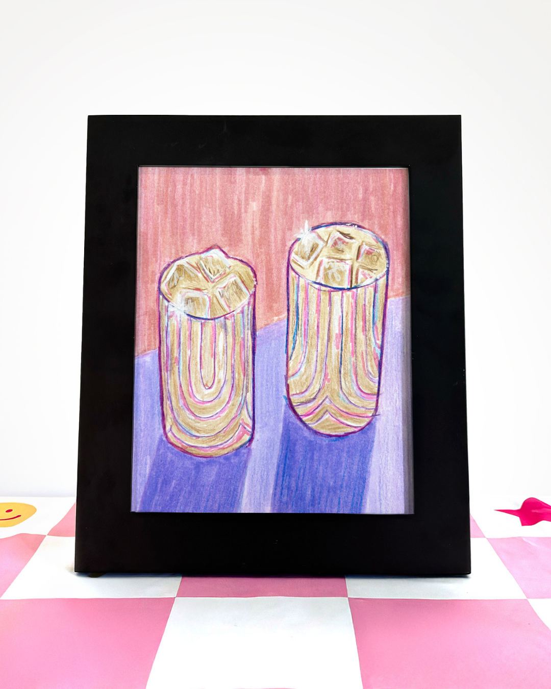Artwork of two colorful abstract glass shapes on a pink and purple background.
