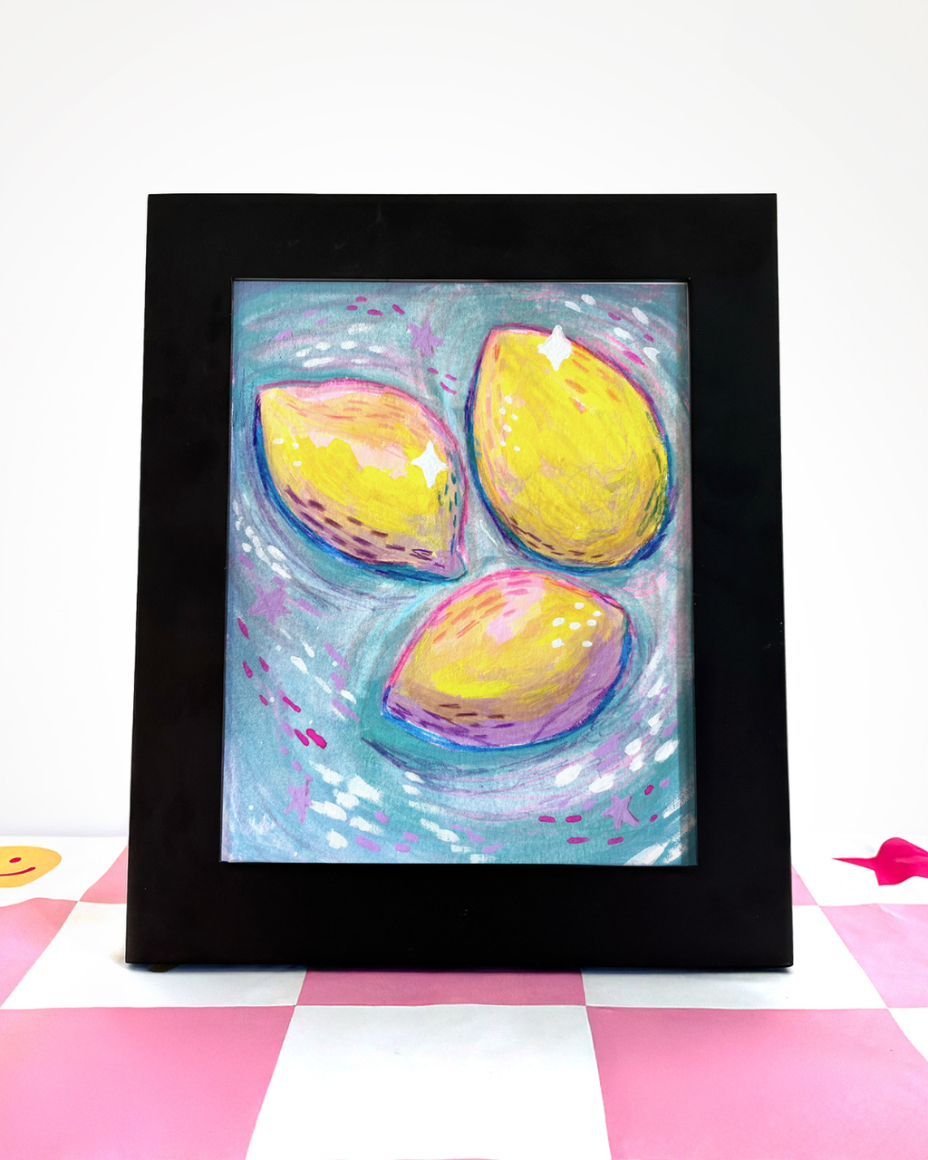 Art print of 3 painterly lemons on a blue background with pink and purple abstract elements and stars.