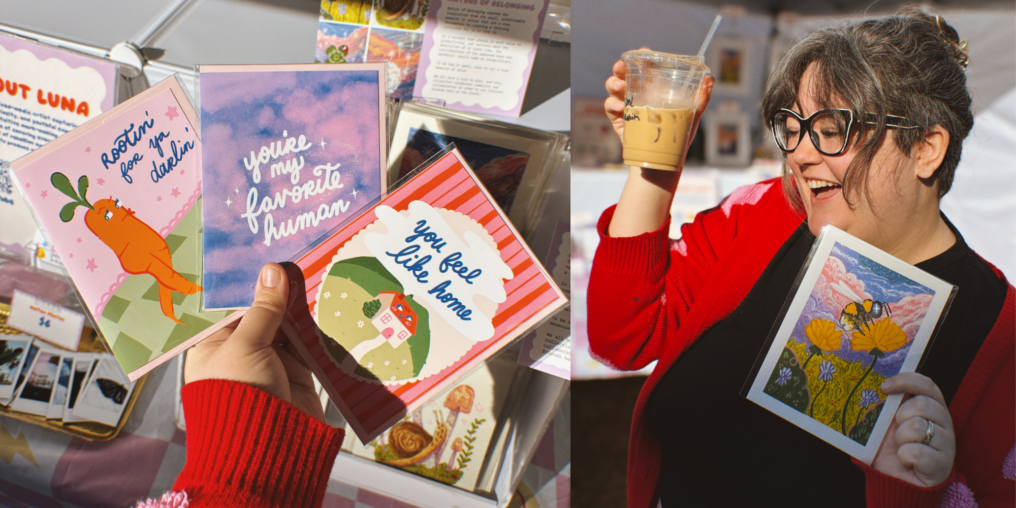 2 photos - the first one is of a hand holding 3 colorful greeting cards. the other photo is of Luna holding her mixed media art print of a bee collecting pollen at sunrise.